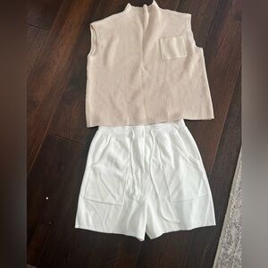 NWOT Beige Sleeveless sweater Top and White Shorts lounge Set
